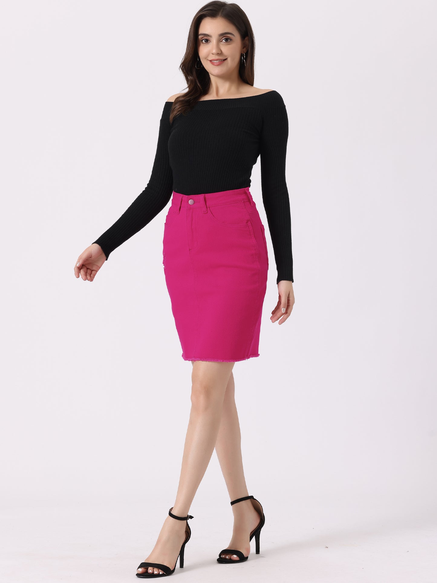 Falda vaquera básica desgastada con cintura alta y dobladillo rasgado para mujer