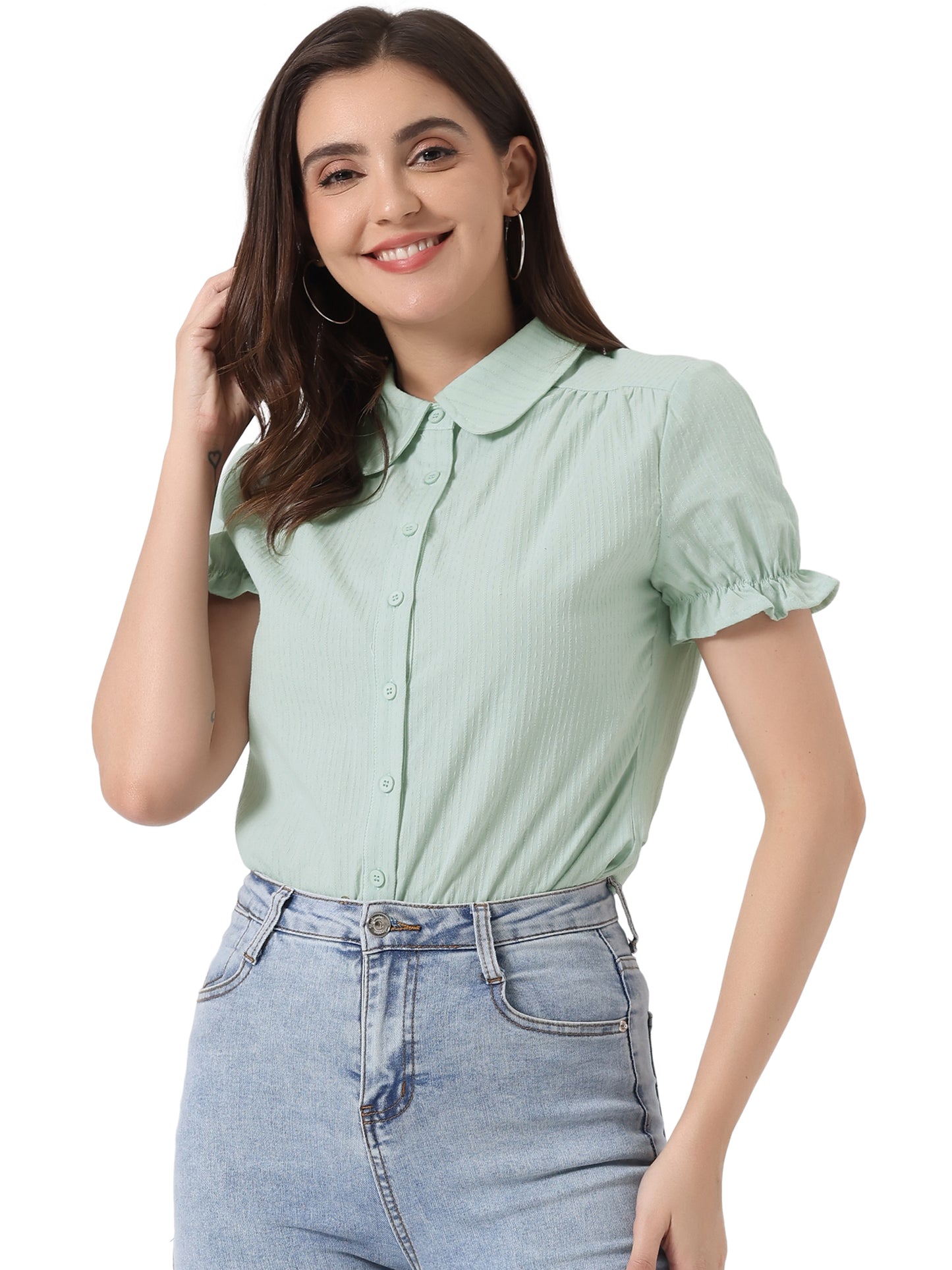 Women's Peter Pan Collar Shirt 1950s Vintage Cotton Button Down Blouse