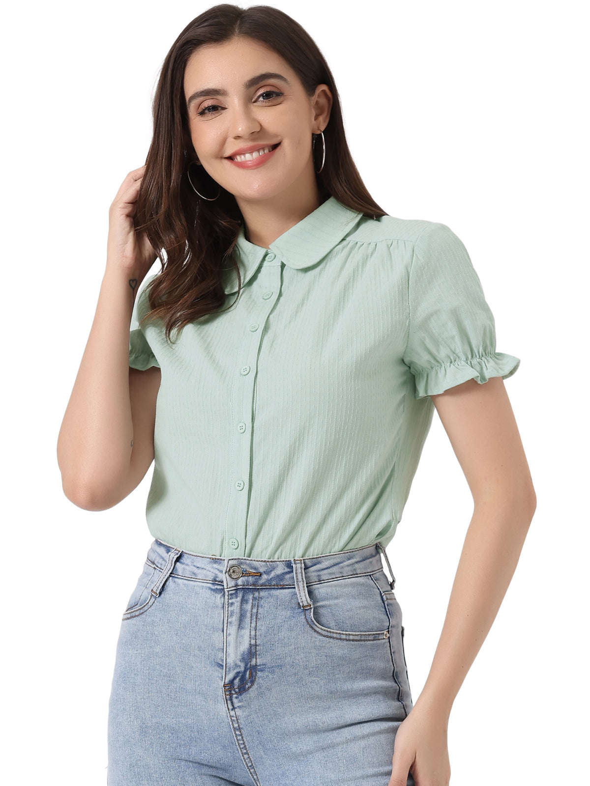 Women's Peter Pan Collar Shirt 1950s Vintage Cotton Button Down Blouse