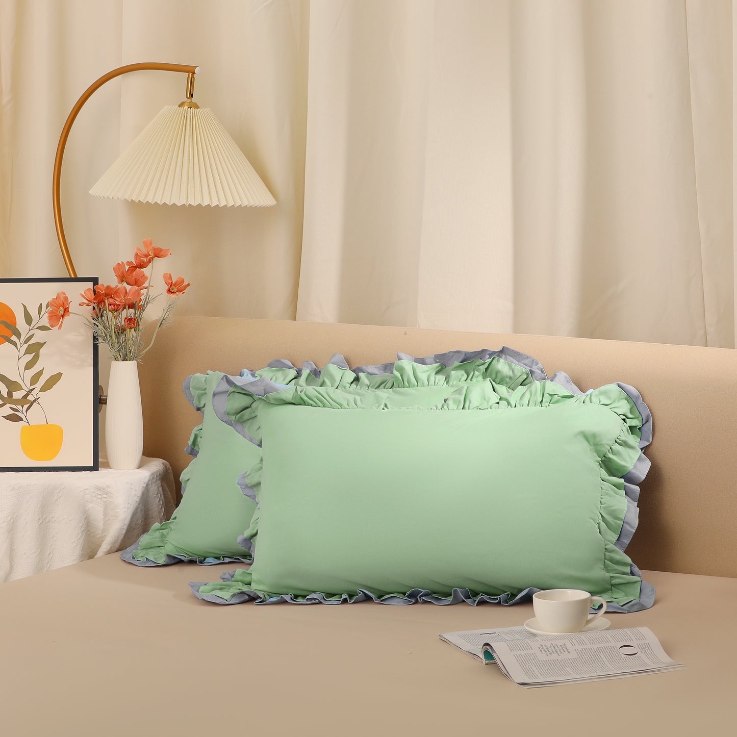 Double Layer Ruffle Pillow Shams, Set of 2 Pillow Cases Covers with Envelope Closure