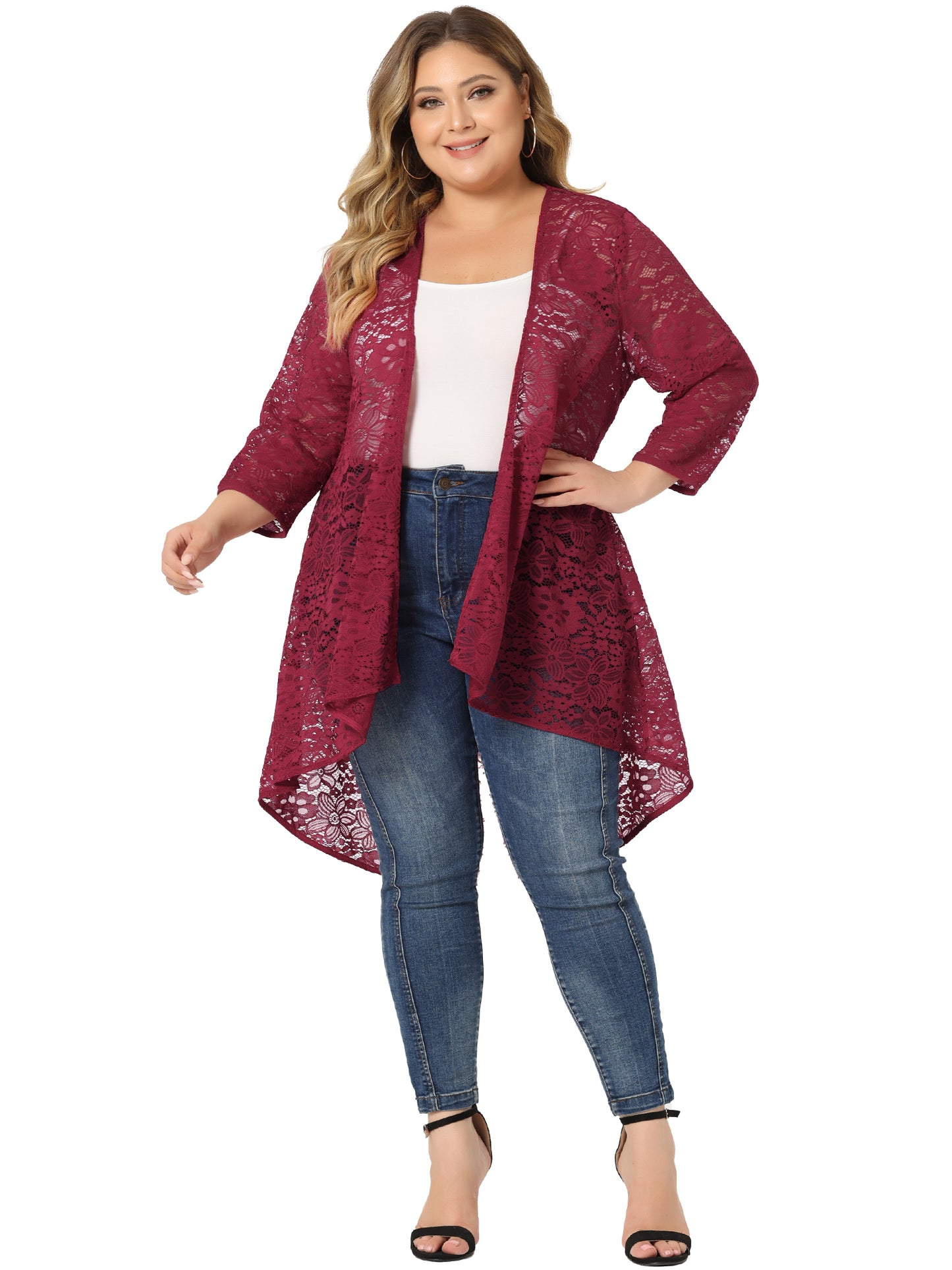 Women's Plus Size Cardigan Lace Crochet High Low 3/4 Sleeve Open Front Sheer Kimonos Cover Up