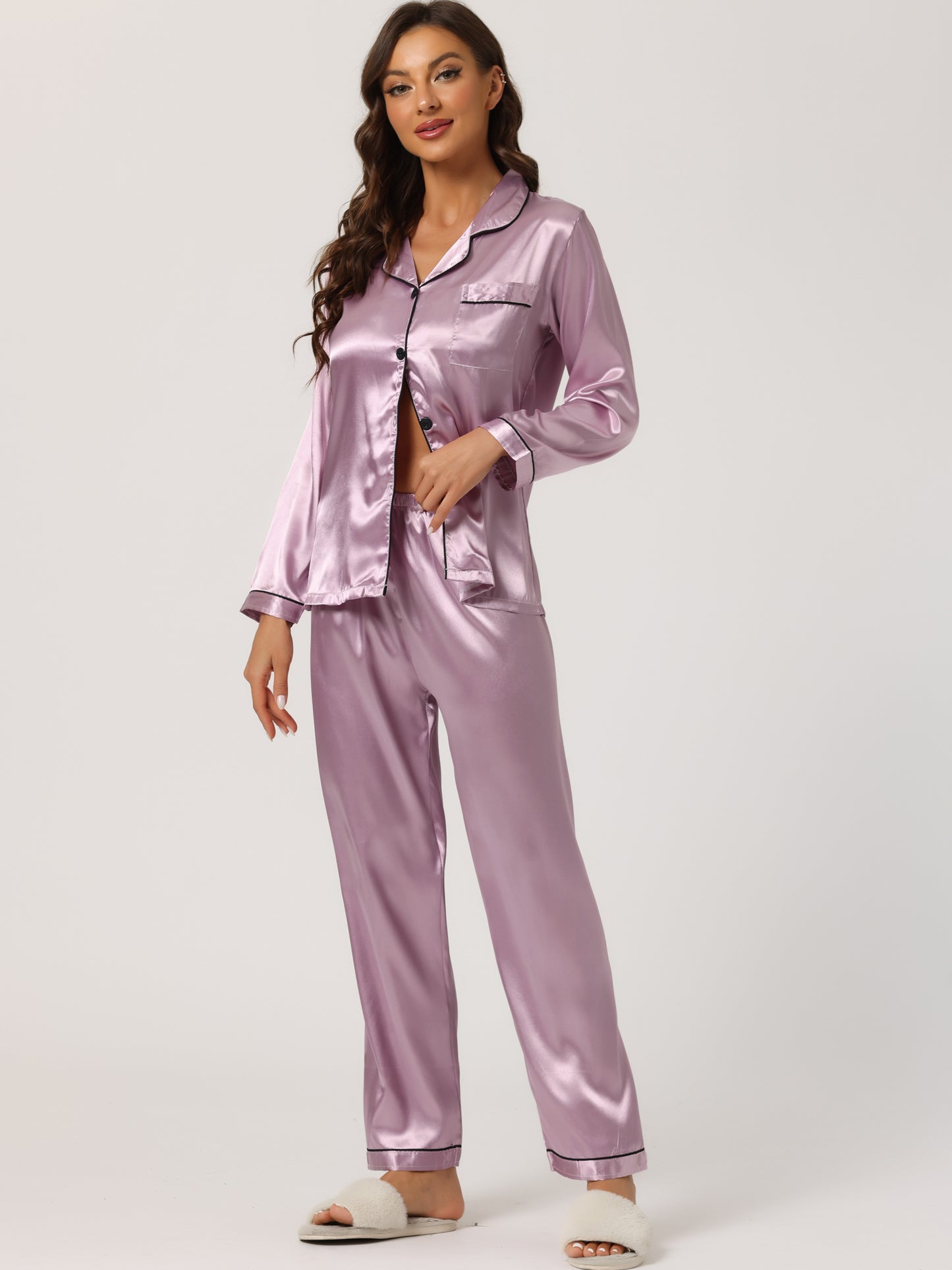 cheibear Pajama Sets Sleepwear Button Down Night Suit Lounge Sets Light Purple