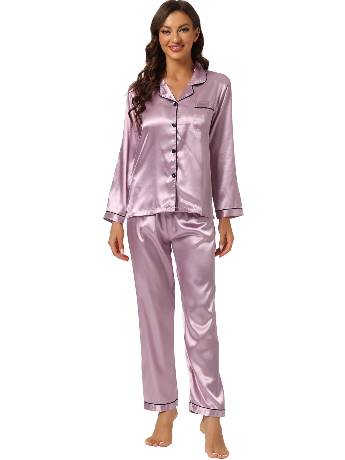 cheibear Pajama Sets Sleepwear Button Down Night Suit Lounge Sets Light Purple