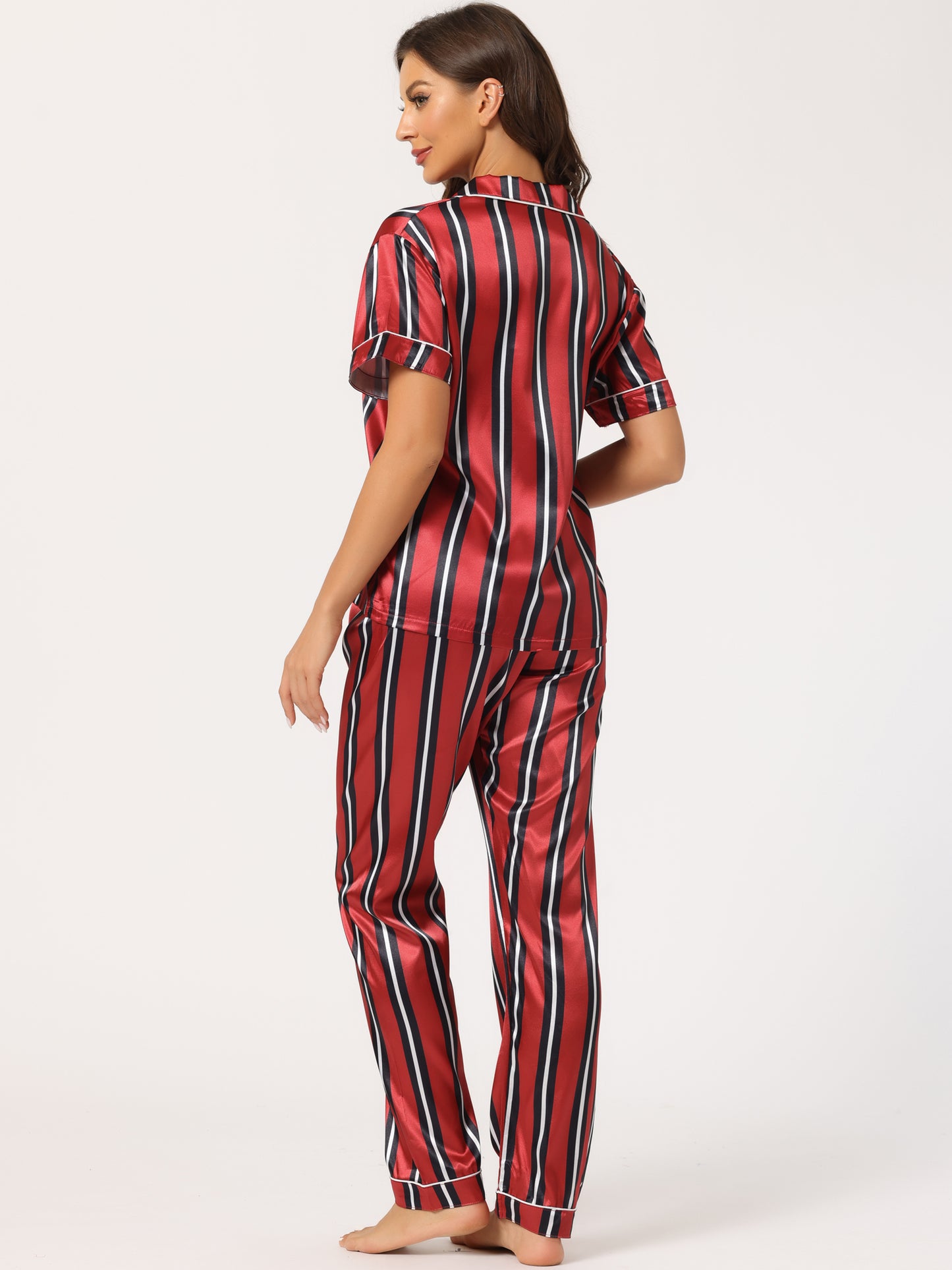 cheibear Pajama Set Silk Short Sleeves and Pants Floral Satin Sets Red