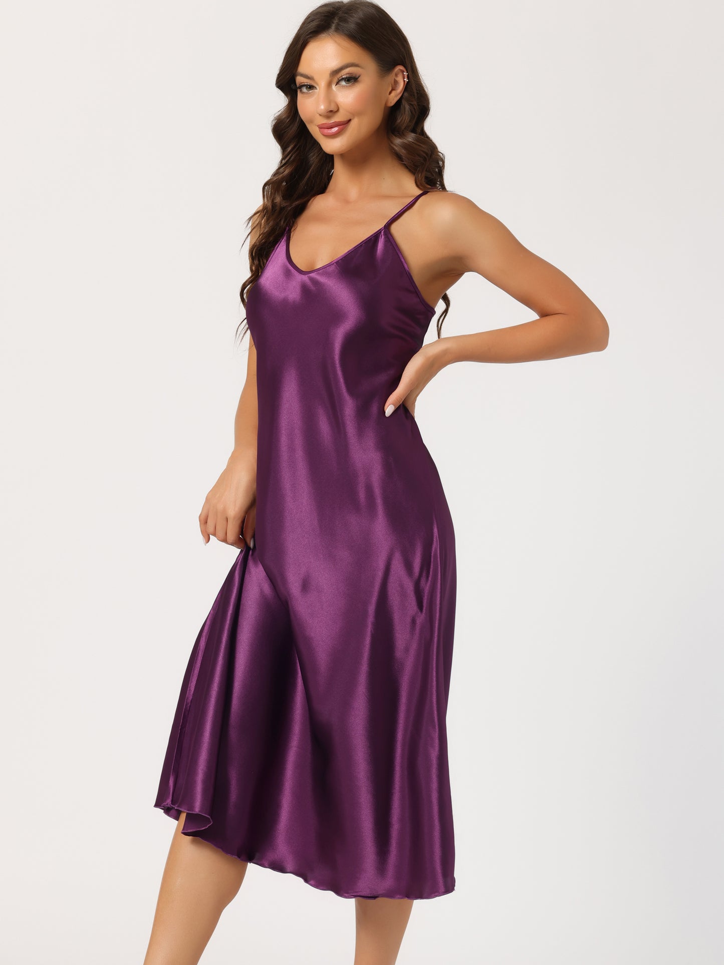 cheibear Satin Pajama Nightdress Nightshirt Sleepwear V-Neck Lounge Nightgown Purple