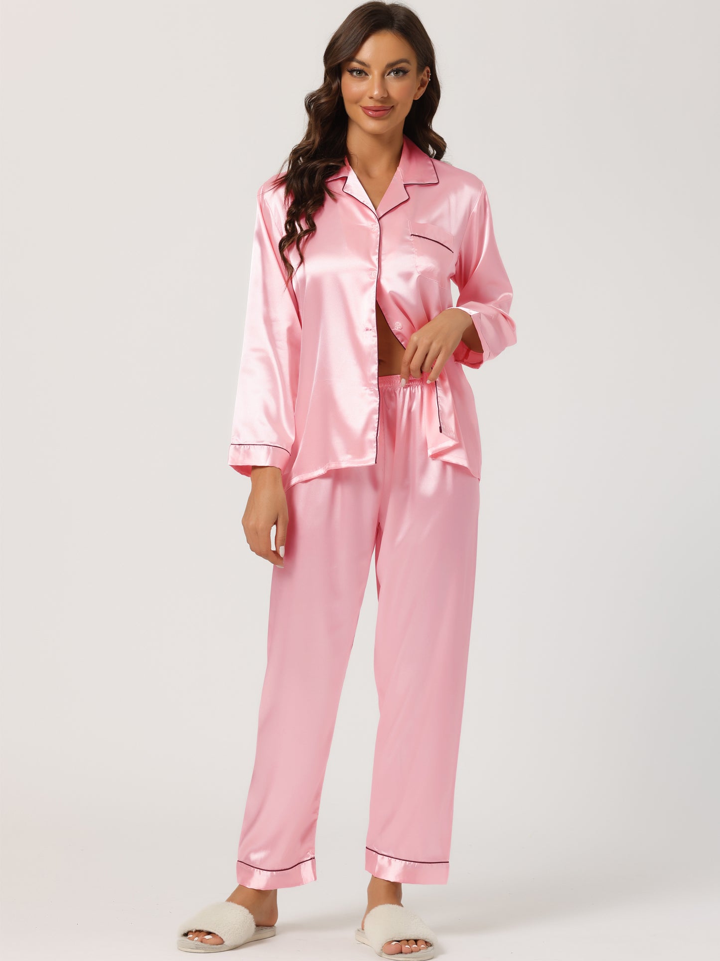 Conjuntos de pijama para mujer, ropa de dormir, pijama de satén con botones, conjuntos de estar por casa