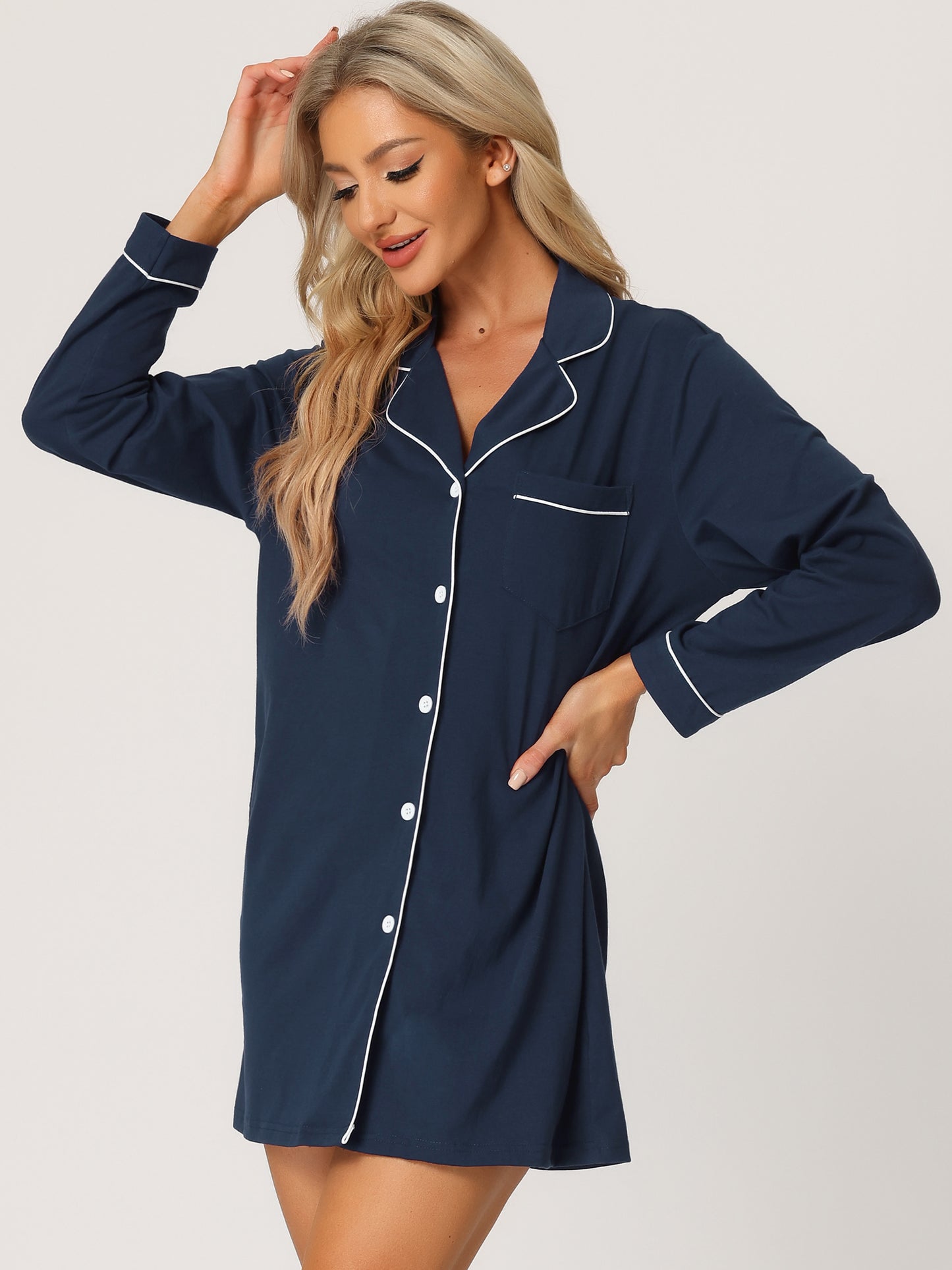 cheibear Pajamas Nightshirt Short Sleeves Button Down Shirt Dress Navy Blue
