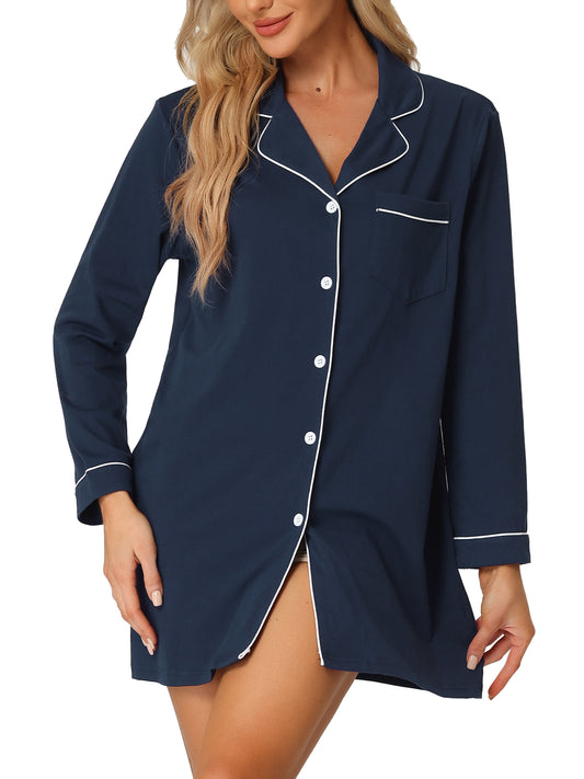 cheibear Pajamas Nightshirt Short Sleeves Button Down Shirt Dress Navy Blue