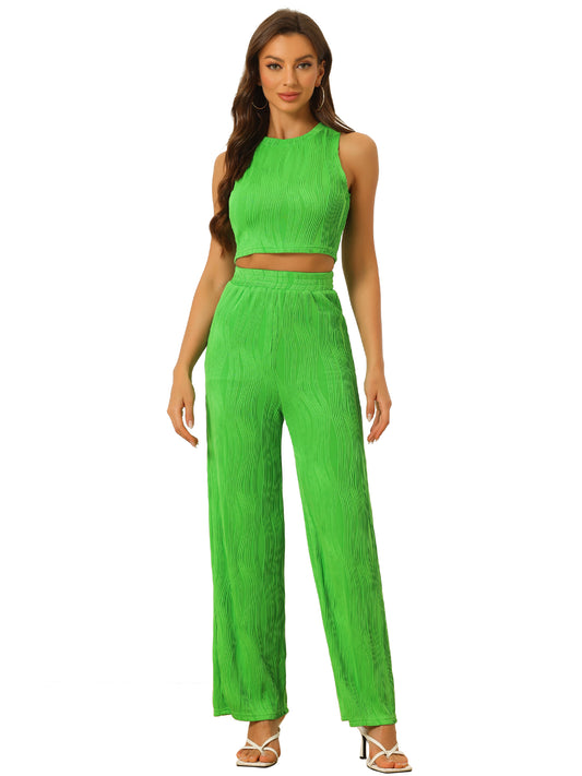 Women's 2 Pieces Ribbed Knit Sleeveless Crop Top Wide Leg Pants Crew Neck Set
