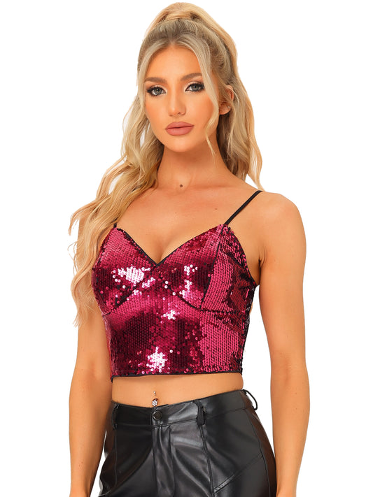 Women's Sequin Cami Top Spaghetti Strap Club Party Crop Tank Tops