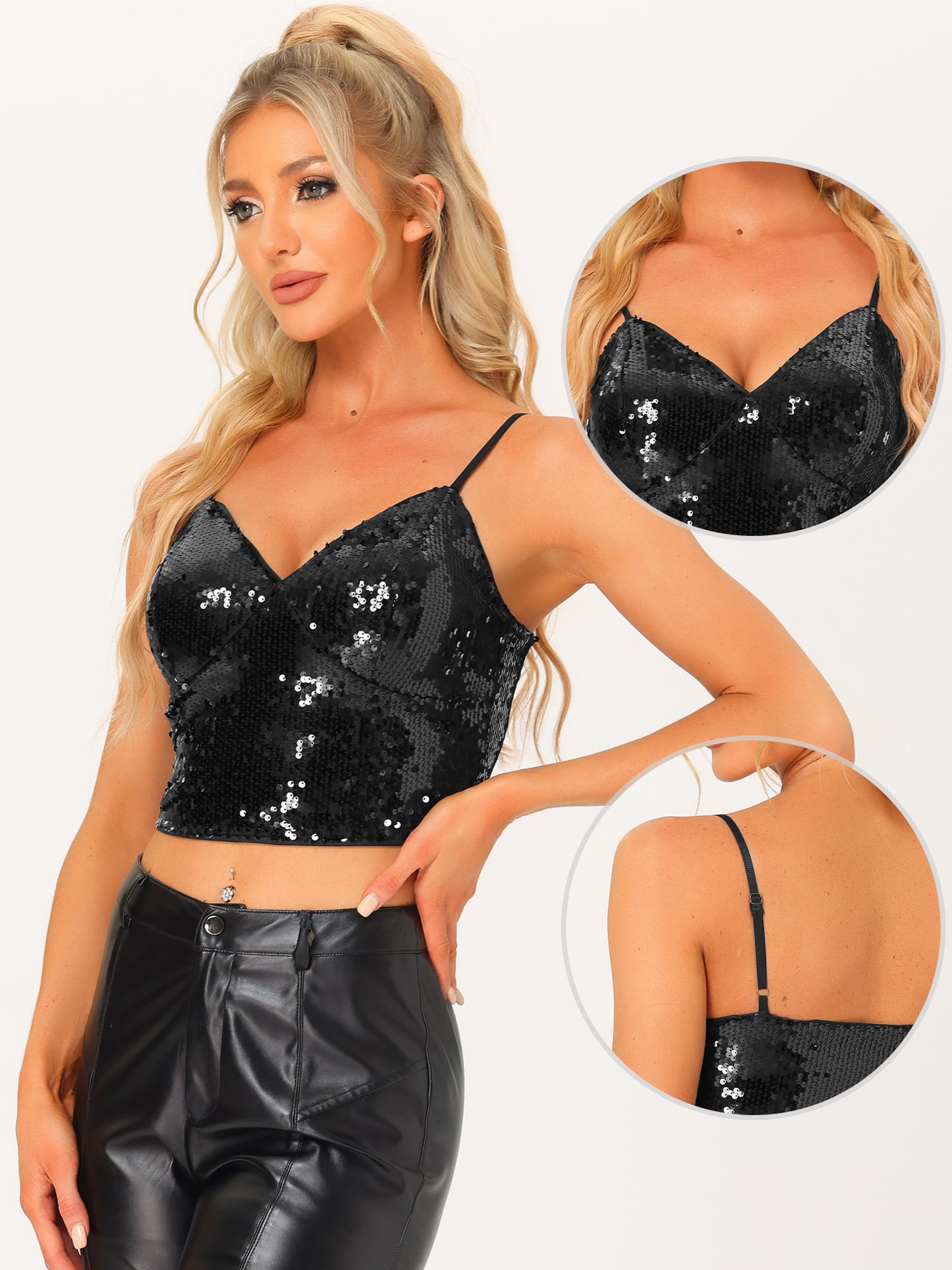Women's Sequin Cami Top Spaghetti Strap Club Party Crop Tank Tops