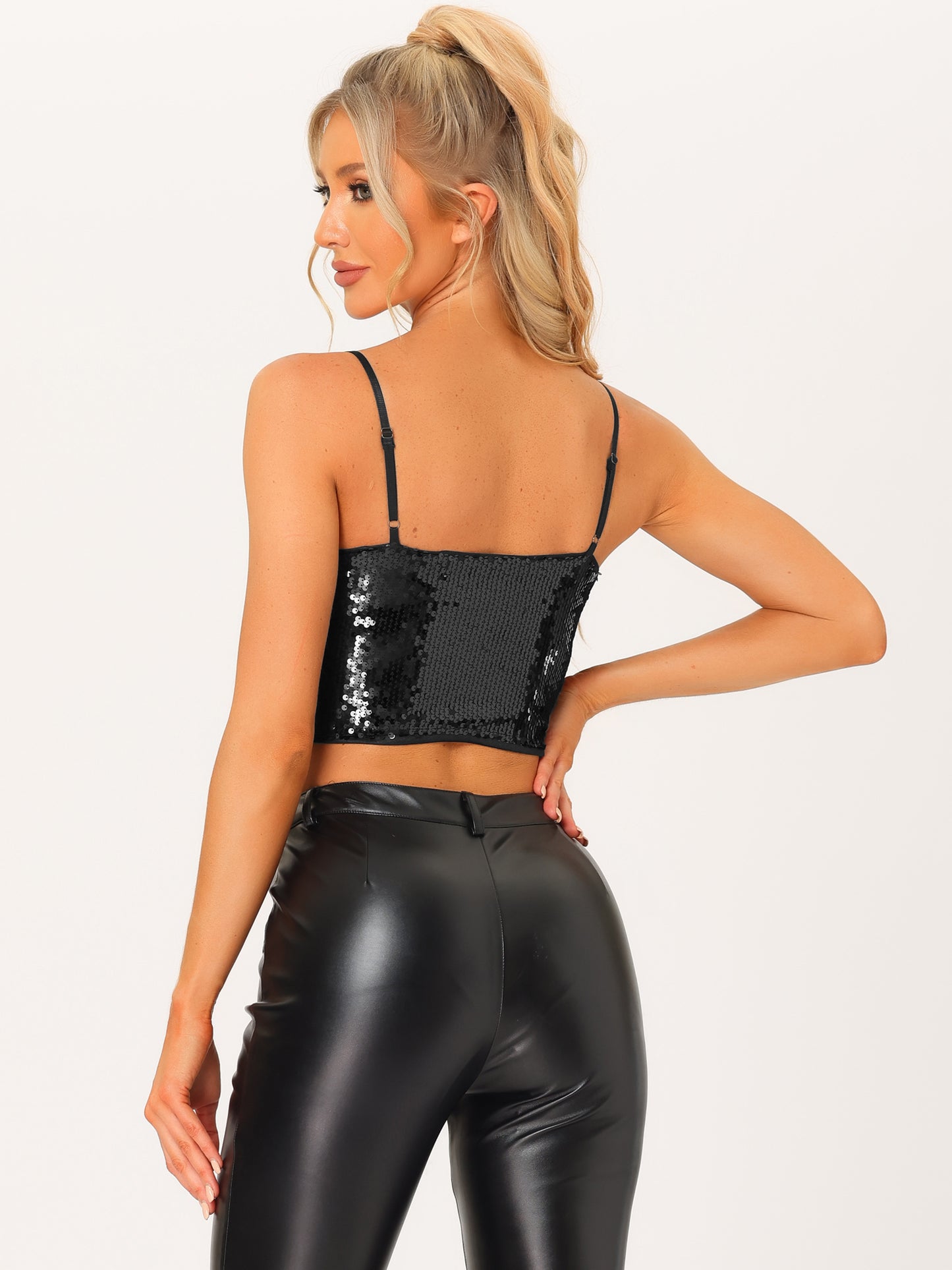 Women's Sequin Cami Top Spaghetti Strap Club Party Crop Tank Tops