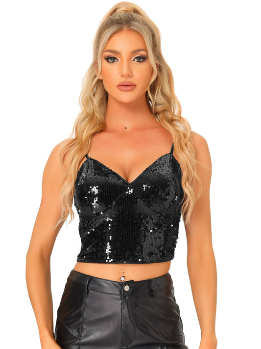 Women's Sequin Cami Top Spaghetti Strap Club Party Crop Tank Tops