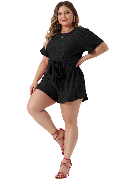 Women Plus Size Rompers Summer Short Sleeve Cute Ruffle Front Tie Short Jumpsuits