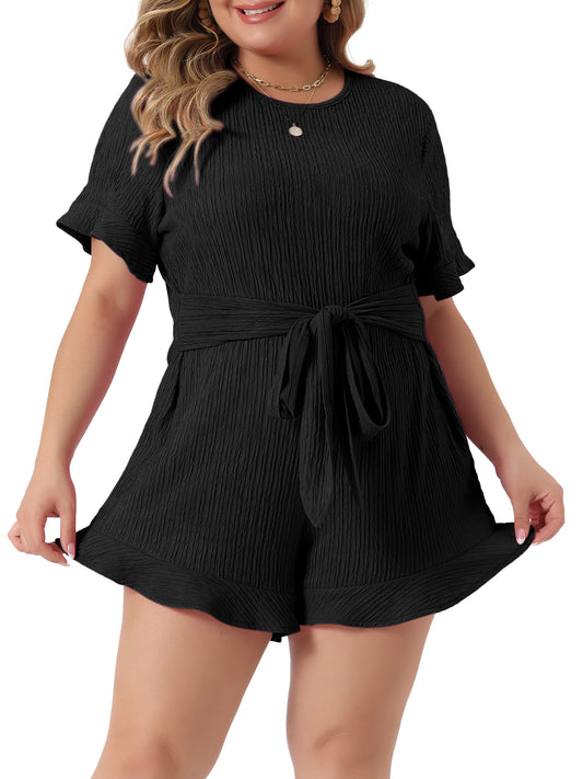 Monos cortos de verano de talla grande para mujer, de manga corta, con volantes y lazo frontal
