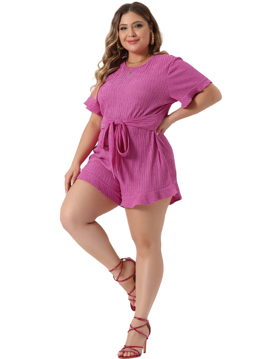 Women Plus Size Rompers Summer Short Sleeve Cute Ruffle Front Tie Short Jumpsuits