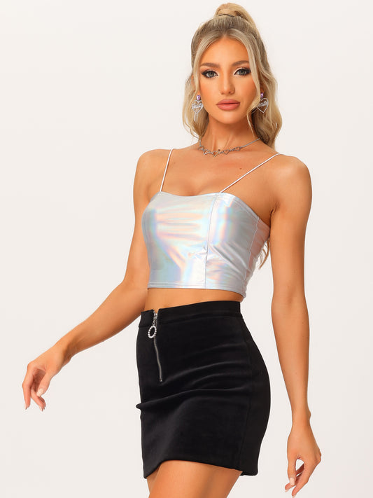 Women's Sexy Spaghetti Strap Cami Top Sleeveless Party Sparkly Shiny Metallic Crop Tank Top