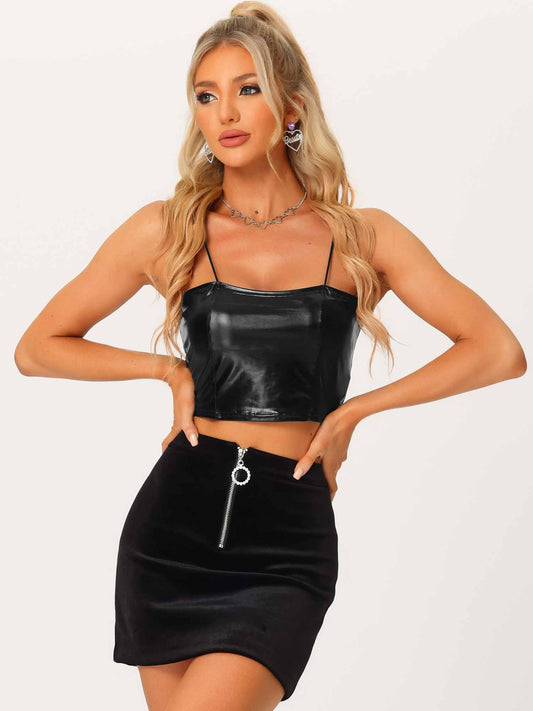 Women's Sexy Spaghetti Strap Cami Top Sleeveless Party Sparkly Shiny Metallic Crop Tank Top