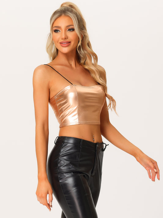 Women's Sexy Spaghetti Strap Cami Top Sleeveless Party Sparkly Shiny Metallic Crop Tank Top