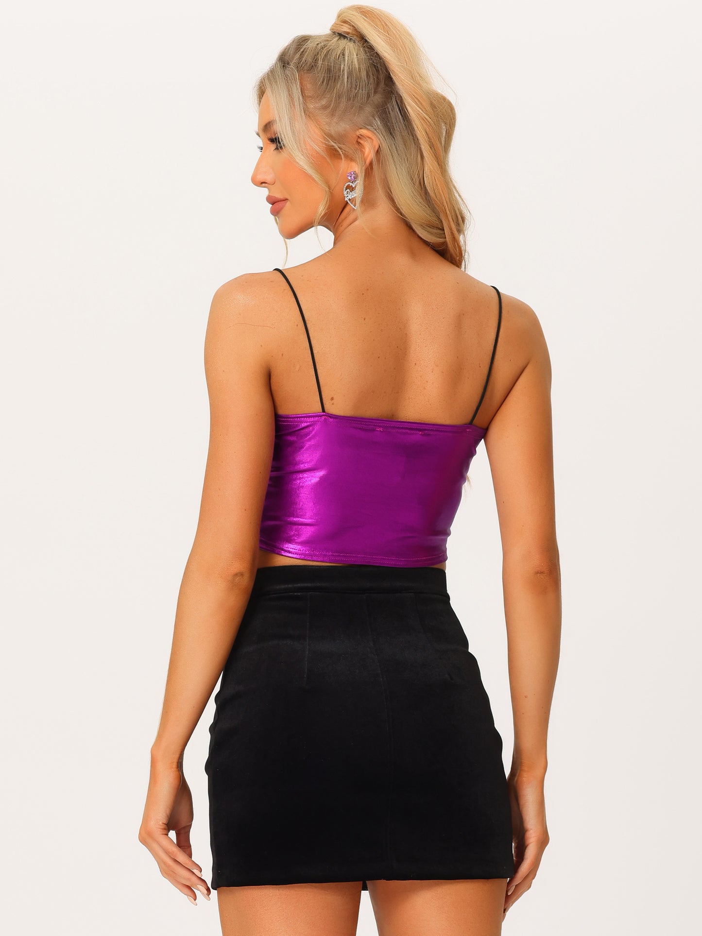 Women's Sexy Spaghetti Strap Cami Top Sleeveless Party Sparkly Shiny Metallic Crop Tank Top