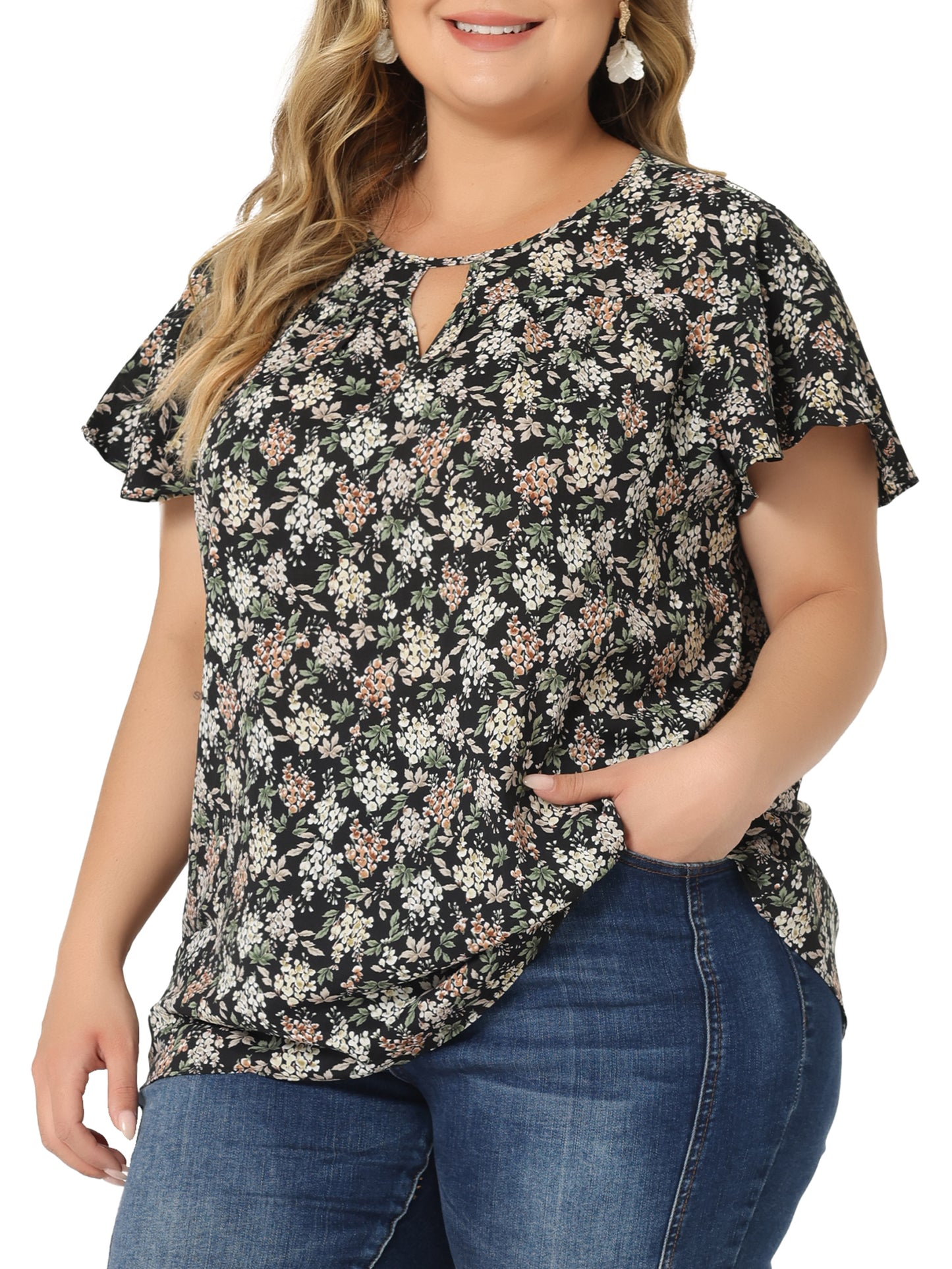 Women's Plus Size Blouses Summer Ruffle Short Sleeve Shirts Keyhole Chiffon Top