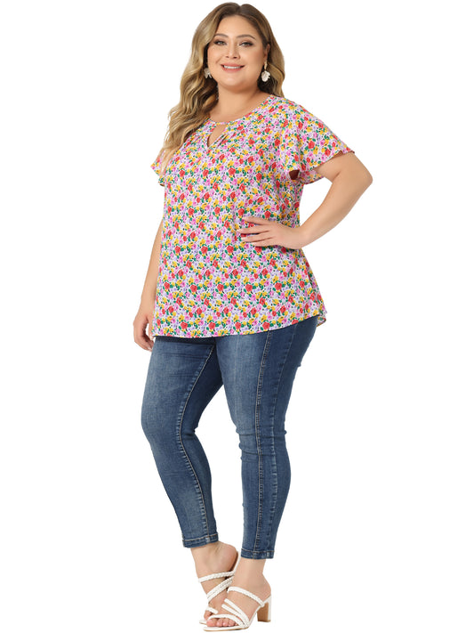 Women's Plus Size Blouses Summer Ruffle Short Sleeve Shirts Keyhole Chiffon Top
