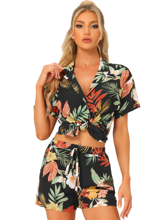 Women Hawaiian Set 2 Pieces Floral Button Down Shirt and Shorts Tropical Vacation Beach Casual