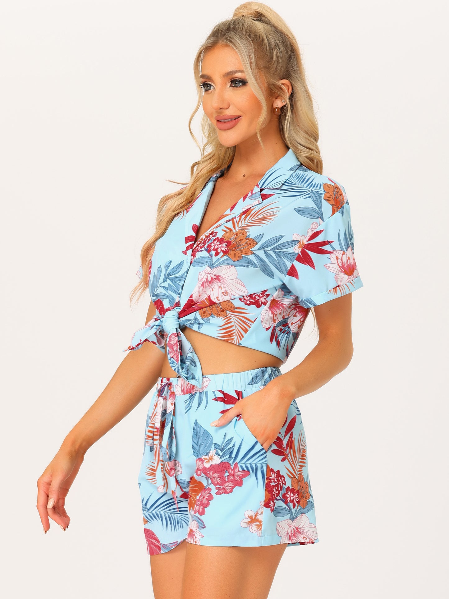 Women Hawaiian Set 2 Pieces Floral Button Down Shirt and Shorts Tropical Vacation Beach Casual