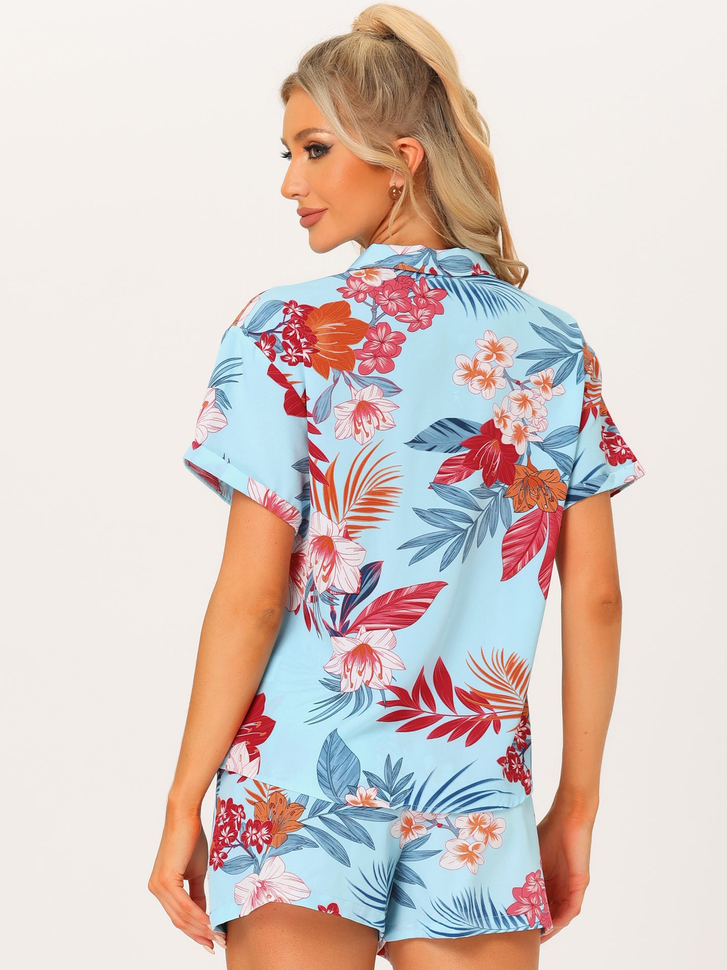 Women Hawaiian Set 2 Pieces Floral Button Down Shirt and Shorts Tropical Vacation Beach Casual