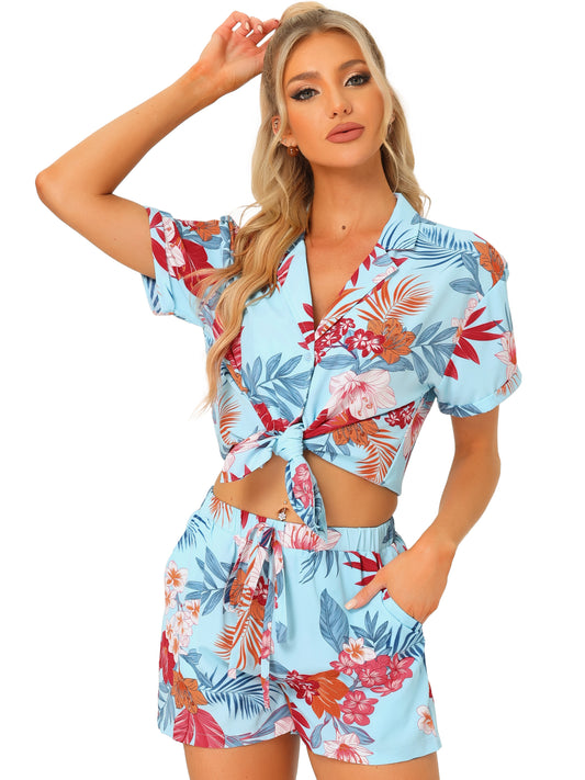 Women Hawaiian Set 2 Pieces Floral Button Down Shirt and Shorts Tropical Vacation Beach Casual