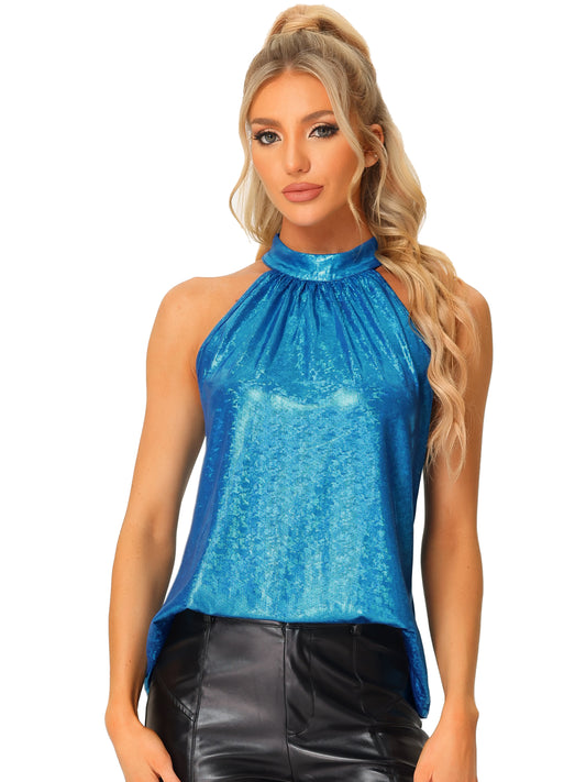 Women Shiny Sleeveless Halter Tops Party Club Cocktail Vest Tank Camisole Top