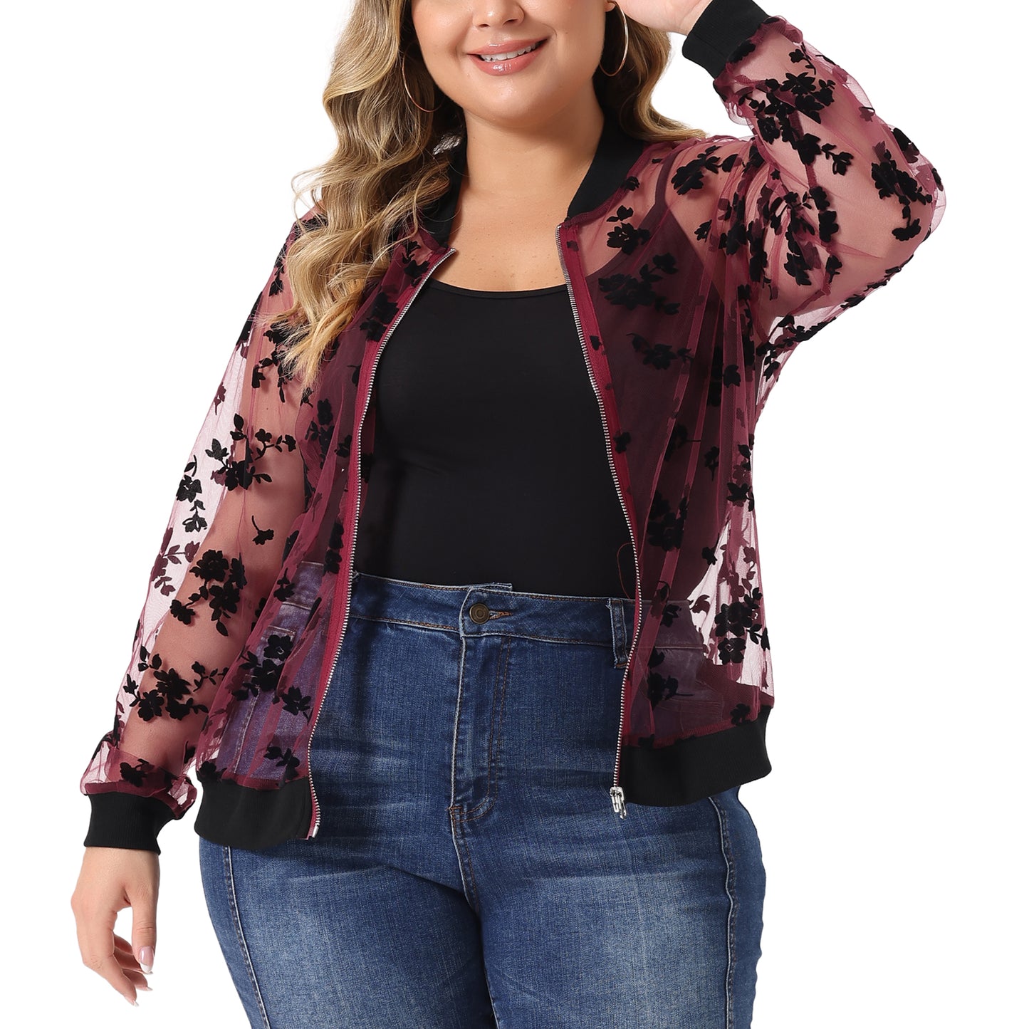 Women Plus Size Jacket Sheer Floral Lace Long Sleeve Baseball Jacket