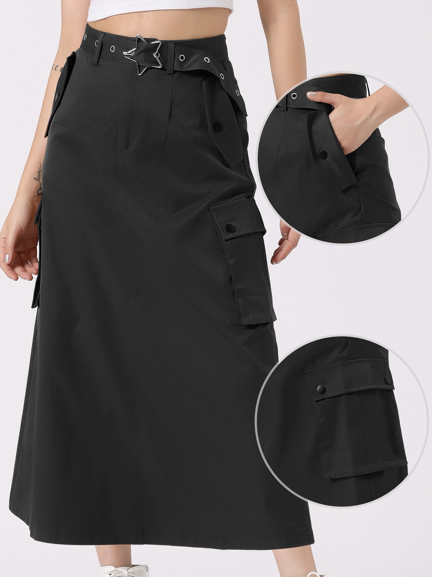 Women's Midi Cargo Skirt Streetwear Zip High Waisted  Straight Long Skirt with Pockets