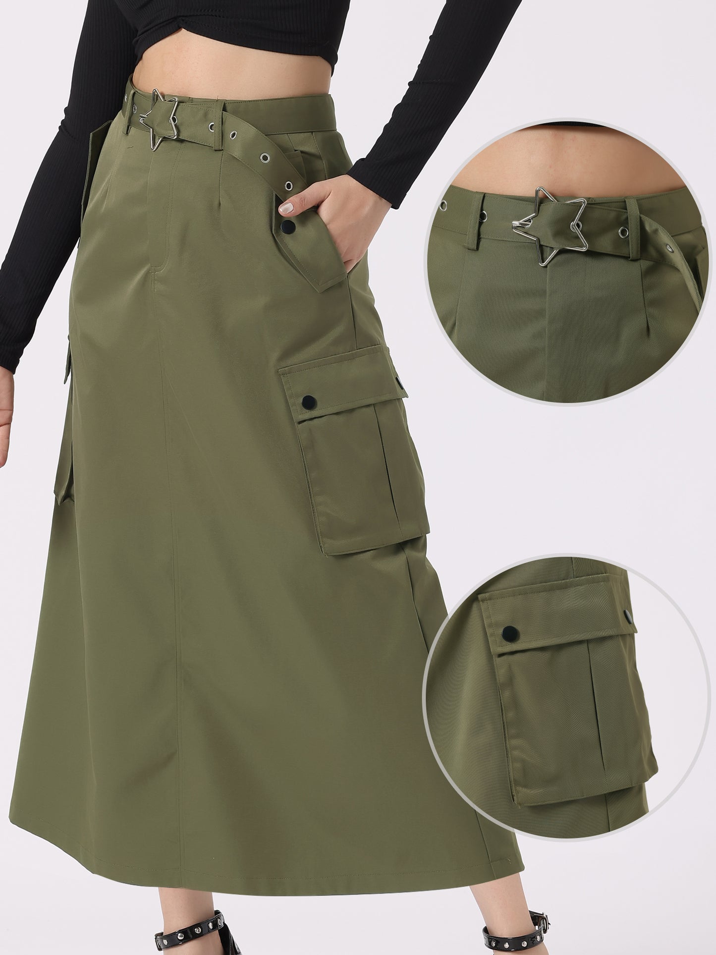 Falda larga recta de cintura alta con cremallera y bolsillos para mujer
