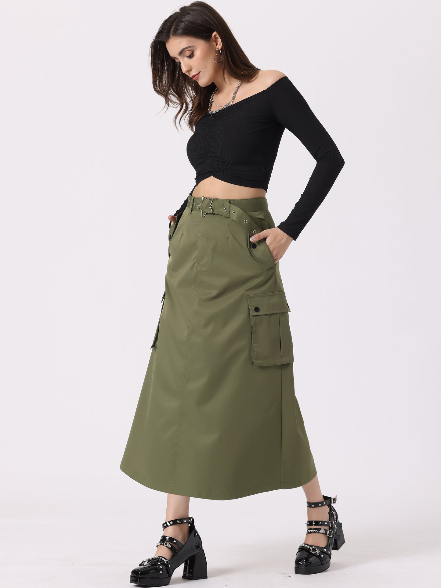 Falda larga recta de cintura alta con cremallera y bolsillos para mujer