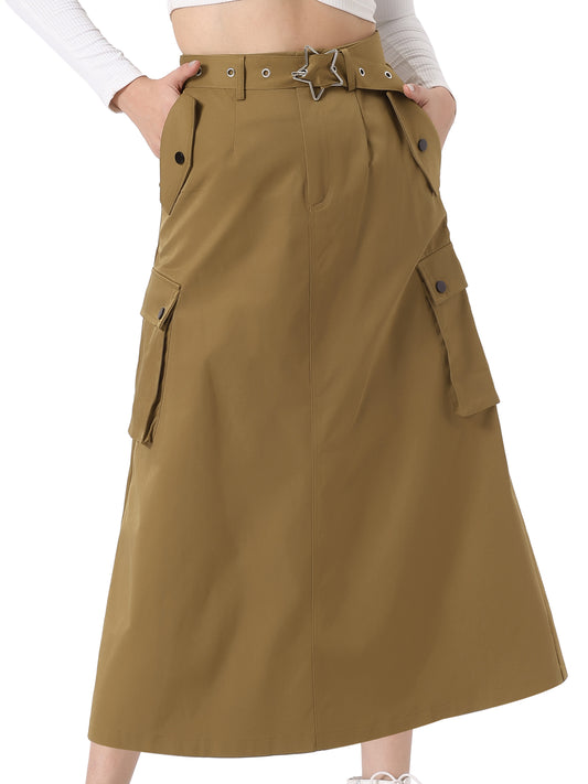 Women's Midi Cargo Skirt Streetwear Zip High Waisted  Straight Long Skirt with Pockets