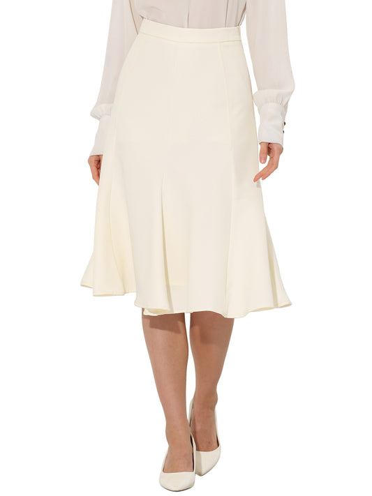 Women Side Zipper High Waist Elegant Flared Flowy A Line Work Midi Skirt