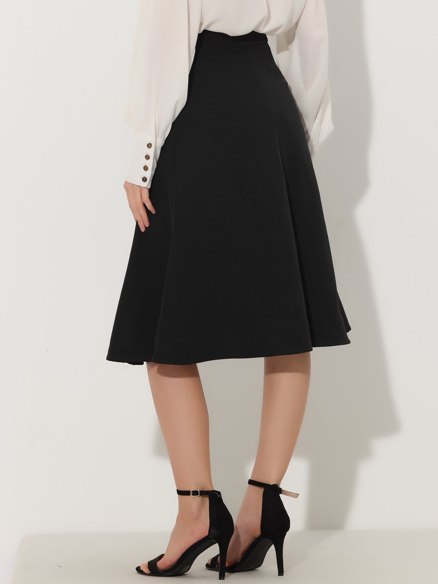 Women Side Zipper High Waist Elegant Flared Flowy A Line Work Midi Skirt