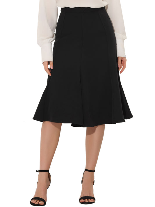 Women Side Zipper High Waist Elegant Flared Flowy A Line Work Midi Skirt