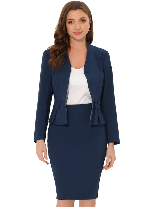 Women's Business 2 Piece Suit Set Long Sleeve Collarless Peplum Blazer Pencil Skirt