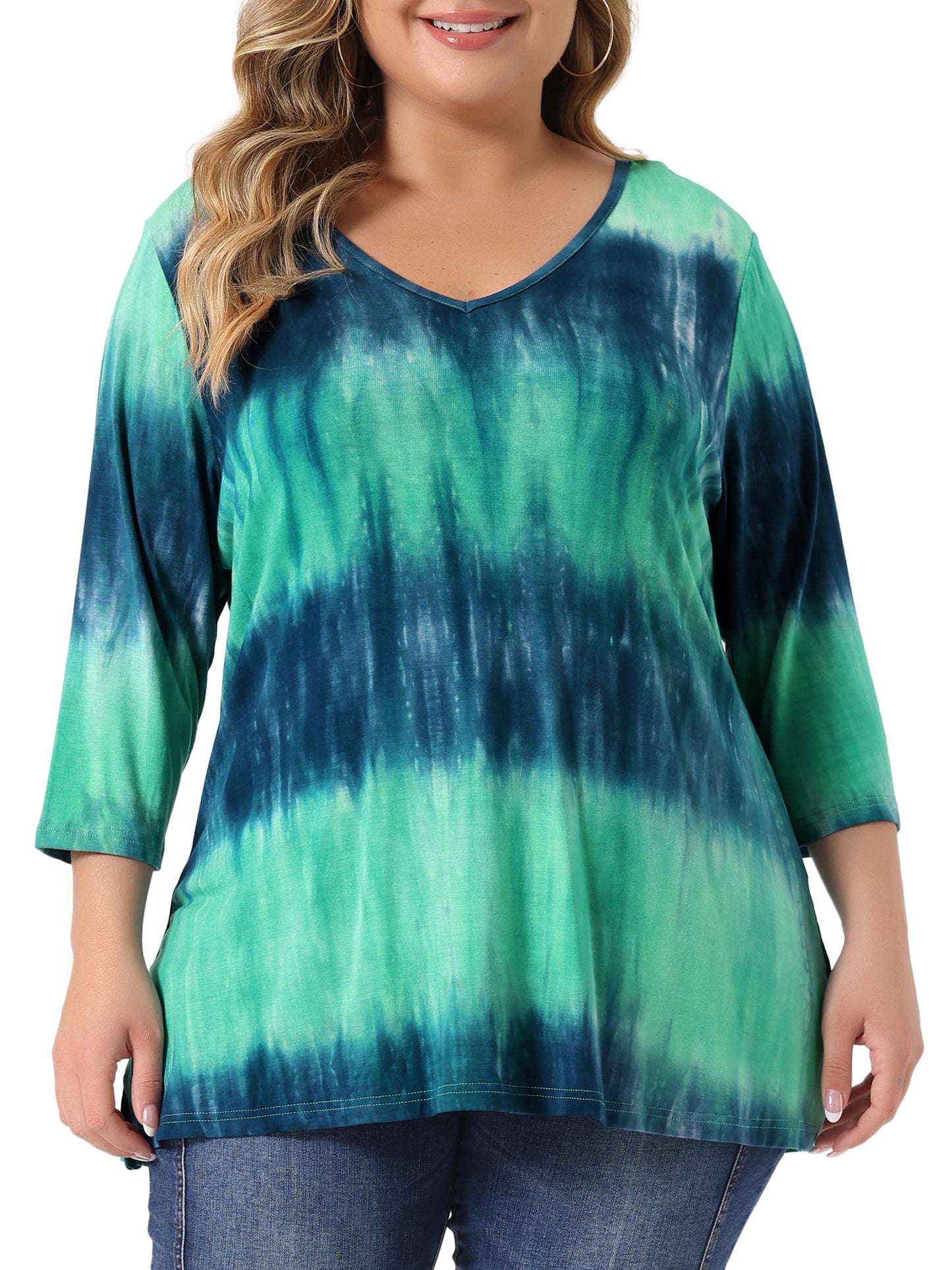 Women Plus Size T Shirt V Neck 3/4 Sleeve Loose Casual Blouse Striped Tie Dye Print