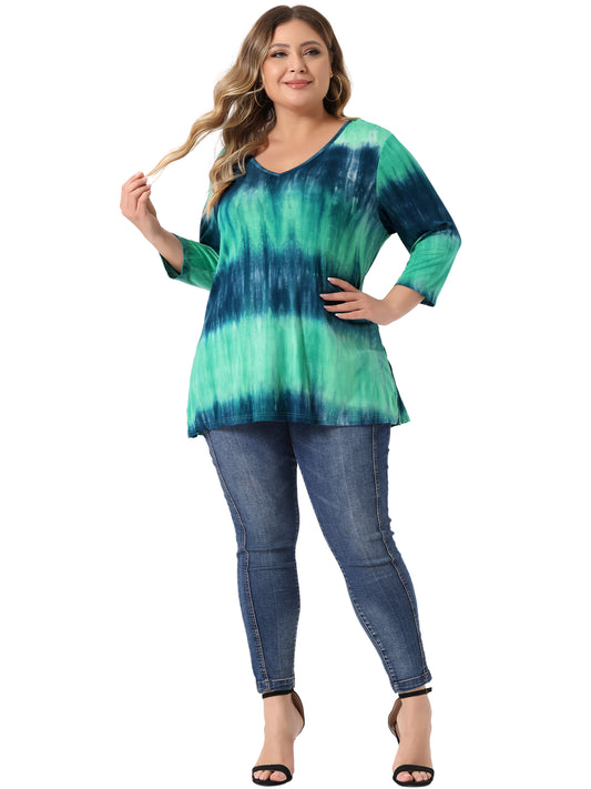 Women Plus Size T Shirt V Neck 3/4 Sleeve Loose Casual Blouse Striped Tie Dye Print