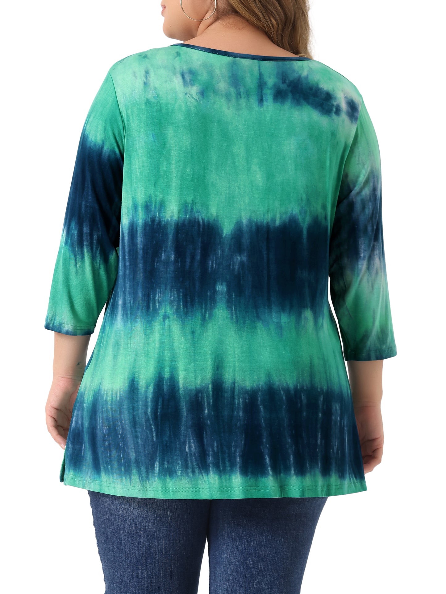 Women Plus Size T Shirt V Neck 3/4 Sleeve Loose Casual Blouse Striped Tie Dye Print