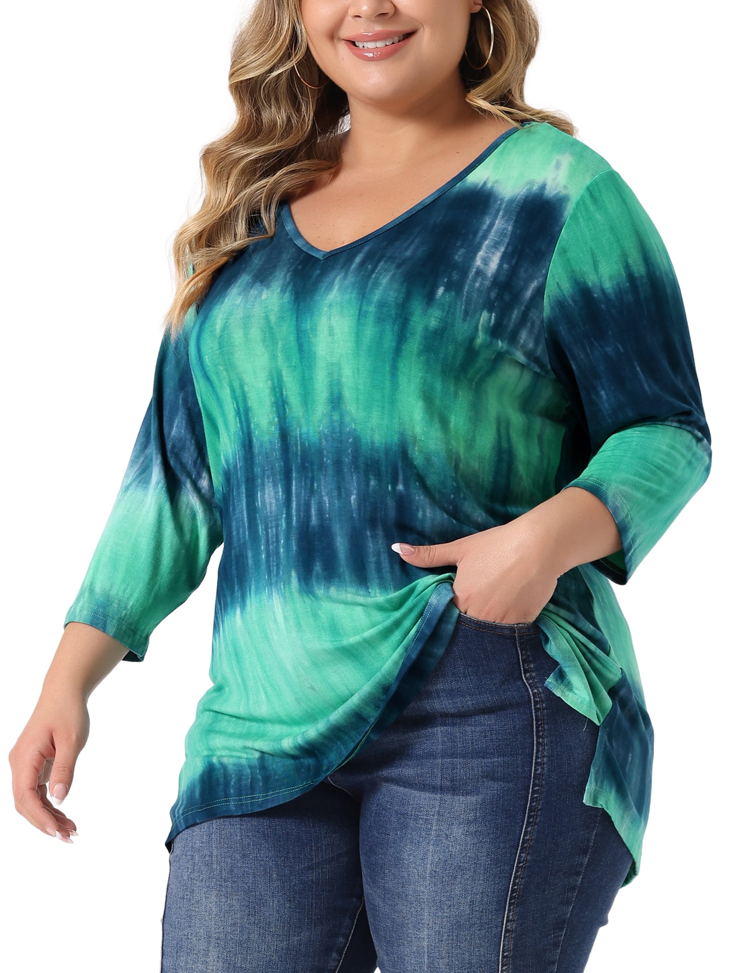 Women Plus Size T Shirt V Neck 3/4 Sleeve Loose Casual Blouse Striped Tie Dye Print