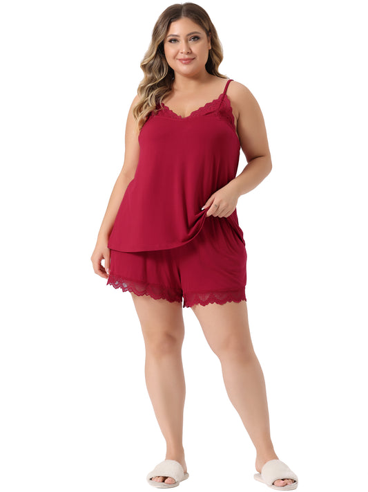 Women Plus Size Pajama Lace Chemise Shorts Set Nightwear Sleepwear Lounge Set
