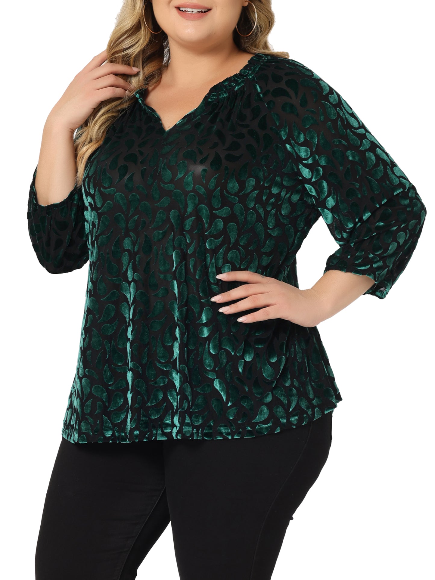 Women Plus Size Vintage Velvet Top Sheer Mesh V Neck 3/4 Sleeve Blouse