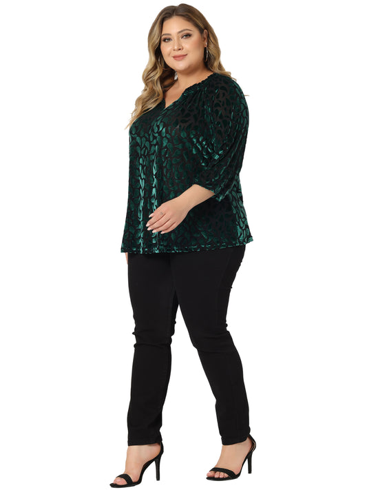 Women Plus Size Vintage Velvet Top Sheer Mesh V Neck 3/4 Sleeve Blouse