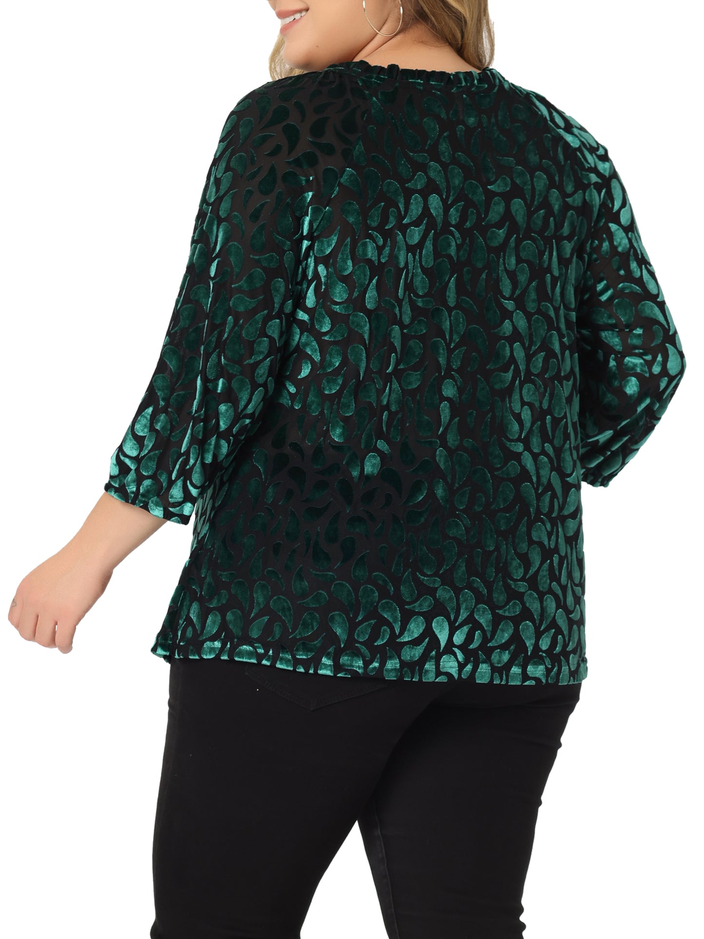 Women Plus Size Vintage Velvet Top Sheer Mesh V Neck 3/4 Sleeve Blouse