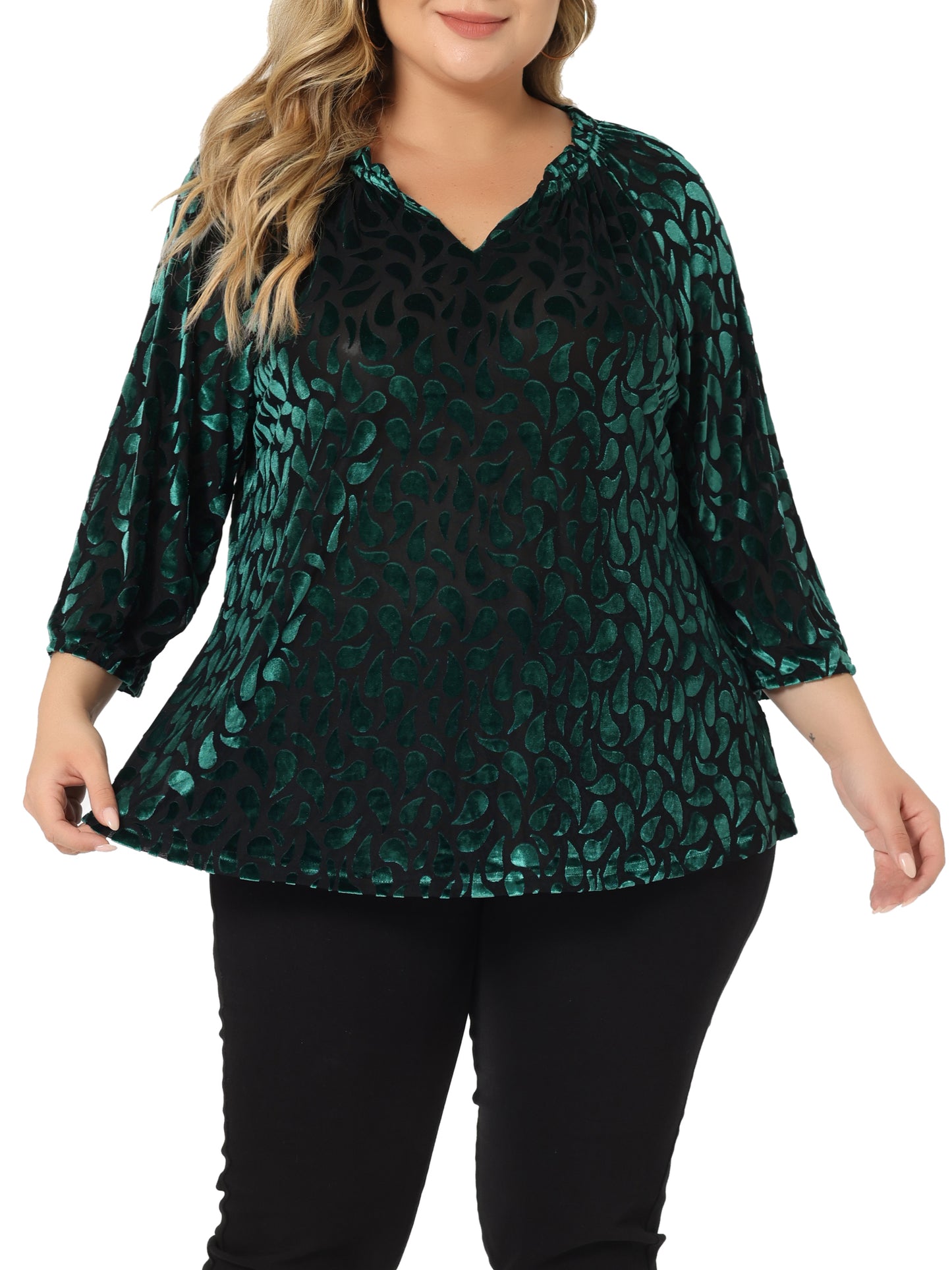 Women Plus Size Vintage Velvet Top Sheer Mesh V Neck 3/4 Sleeve Blouse