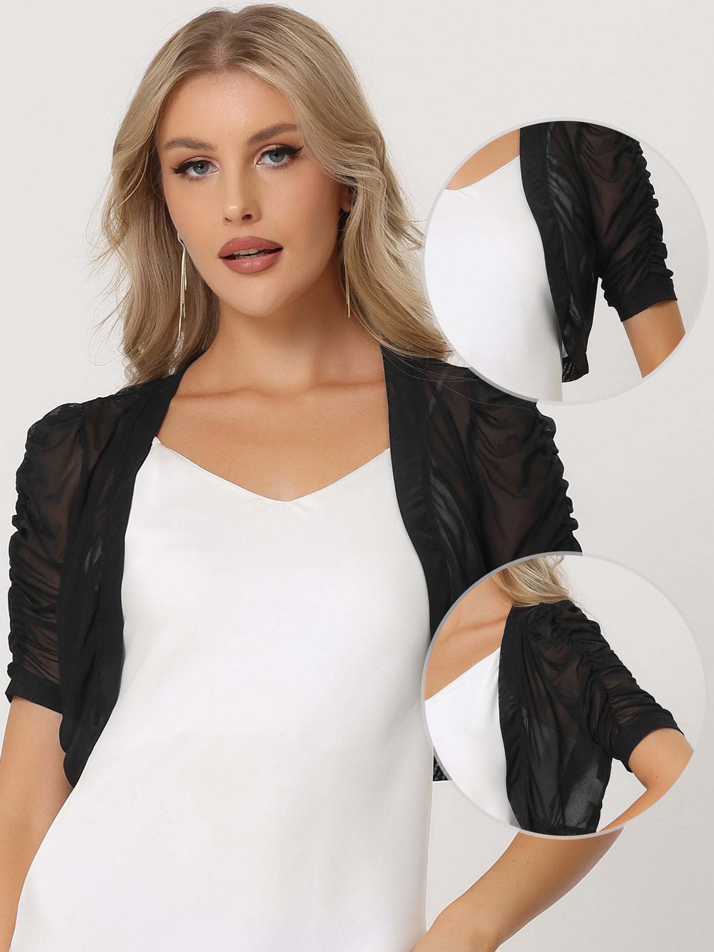 Women's Open Front Cropped Cardigan Bolero Casual Short Sleeve Mesh Sheer Shrug